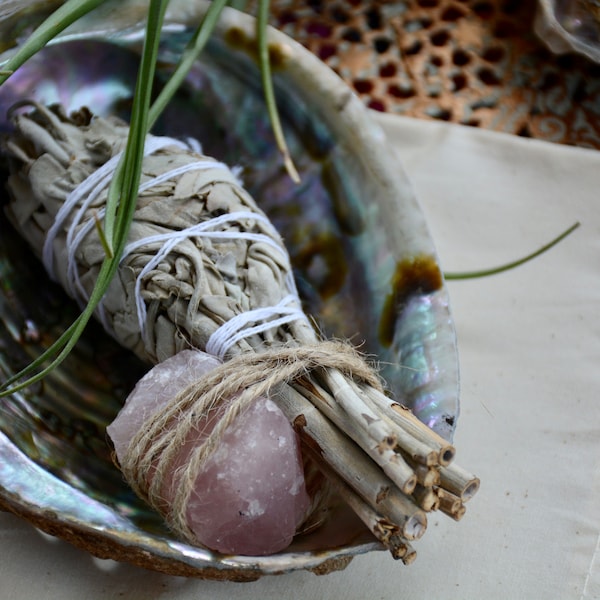 Fumigation kit with natural Abalone shell, white sage torch and raw rose quartz stone