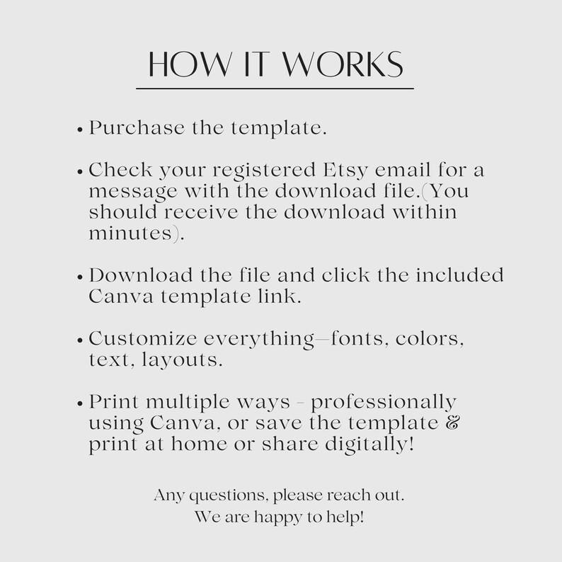 Details of how it works - Purchase the template, check your email for the file. Download the file and click on the Canva link. Customize everything you wish, and then print out or send digitally!