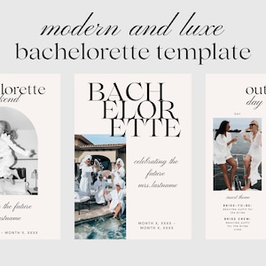 May include: Three bachelorette party invitation templates with black and white text. The first template has a black and white photo of a woman in a white dress jumping in the air. The second template has a photo of women in white robes celebrating in a pool. The third template has a photo of two women in white dresses on a boat. The text on the templates reads "Bachelorette Weekend", "Bachlorette", and "Out Day".