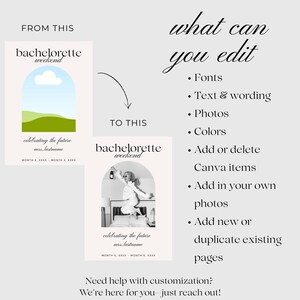Features the template with a placeholder for a photo as the before, and then a photo added in as the after. Text says, what can you edit? Fonts, Text & wording, Photos, Colors, Add or Delete Canva items, Add in your own photos, Add new or  duplicate existing pages.