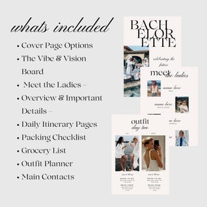 What's included: Cover page options, The vibe & vision boards, Meet the ladies, Overview & important details, Daily itinerary pages, Packing checklist, Grocery list, Outfit planner & Main contacts