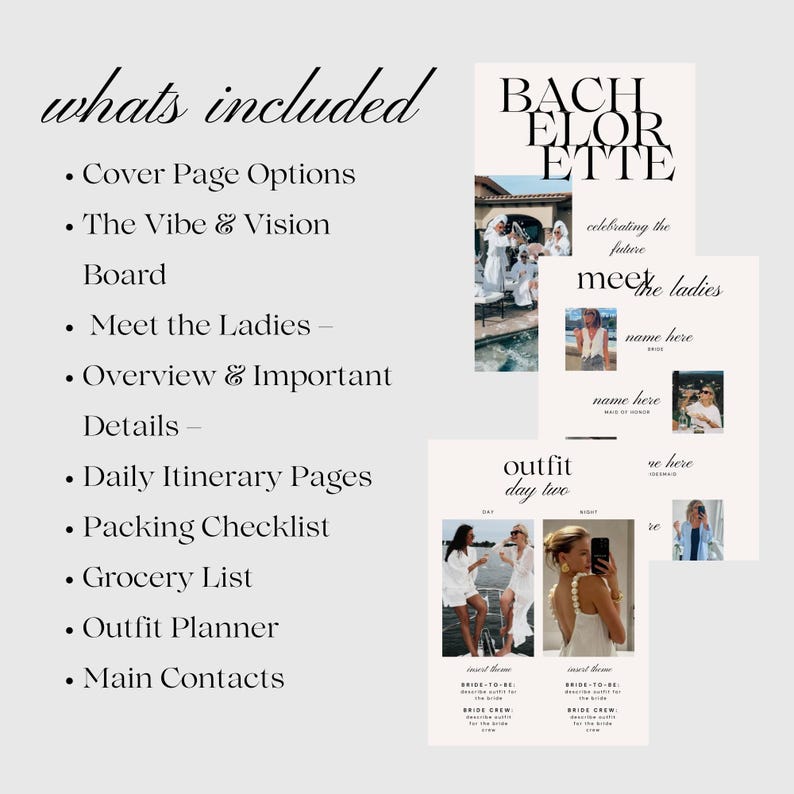 What's included: Cover page options, The vibe & vision boards, Meet the ladies, Overview & important details, Daily itinerary pages, Packing checklist, Grocery list, Outfit planner & Main contacts