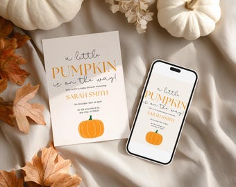Invitación para baby shower de calabaza pequeña / Invitación para baby shower de Halloween / Plantilla para baby shower de otoño / Descarga digital editable en Canva