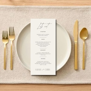 May include: A minimalist wedding menu card with a white background and black text. The menu includes a starter, main course, dessert, and drinks. The card is signed "Sarah & Chris".