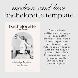 A black and white image of a bachelorette party template. The image features a woman jumping on a bed with a bottle of champagne in her hand. The text on the image reads 'bachelorette weekend', 'celebrating the future mrs.lastname', 'MONTH X, XXXX - MONTH X, XXXX', and 'Choose from multiple cover page options, outfit planners, and vision board layouts to match your vibe. Add your own inspo, upload images, or gather ideas from Pinterest to create a bachelorette itinerary that's uniquely yours!'.