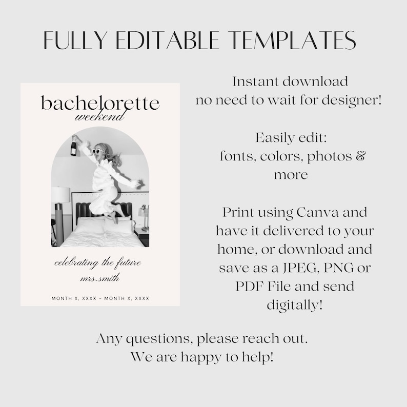 Fully Editable Template  | Instant Download - no need to wait for designer! 
Easily Edit: fonts, colors, photos & more. Print Using Canva and have it delivered or download and print at home or send digitally! Any questions, please reach out. We are happy to help! (Photo of the cover page of the template)