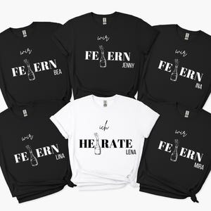 Personalisiertes JGA T-Shirt – mit Namen – Bachelorette Party – Junggesellinnenabschied Shirt für unvergessliche Momente - Sektflasche