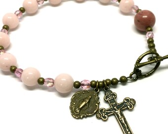 ROSARY Bracelet Handcrafted Pink Jade CATHOLIC Gemstone Rosary Mary Blessed Mother Bracelet Gift Miraculous Medal Charm Crucifix Religious
