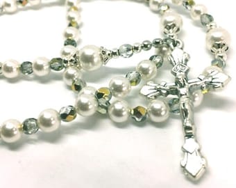 White ROSARY  / Glass Pearl Rosary / Wedding Gift / Immaculate Heart Mary Rosary Silver Gold Rosary Anniversary Gift Confirmation RICA