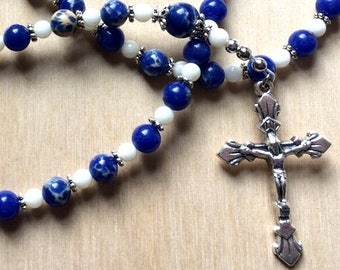 ROSARY / Blue White Rosary / Sea Jasper Gemstone Rosary / Catholic Mom Gifts / RCIA Gift Rosary,  Confirmation Rosary, Jerusalem Rosary
