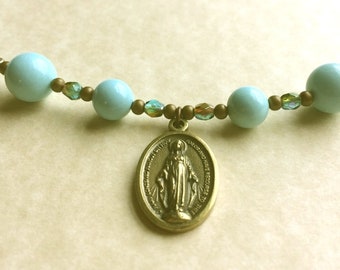 CATHOLIC Necklace / Turquoise Blue GEMSTONE CATHOLIC Necklace / Bronze Miraculous Mary Medal Saint Necklace / Catholic Jewelry rcia gift