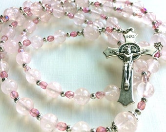 ROSARY Pink Quartz Handcrafted Rosaries Gemstone Rosary Mom Gift Sister Catholic Gift Rosaries Art Miraculous Medal St. Benedict Catholic