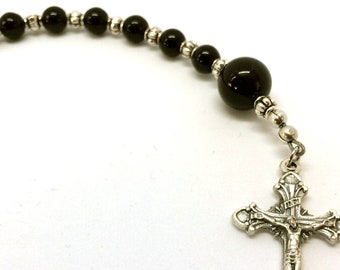 One Decade Rosary, Pocket Rosary, Jesus Divine Mercy Medal, Black Rosary Mens Catholic Gift GEMSTONE CATHOLIC Rosary