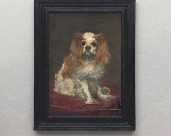 DOLLHOUSE Miniature Art DOG Manet 1800's 1:12 scale FRAMED king Charles Spaniel Print Portrait Tiny Reproduction Vintage Style