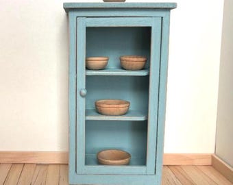 Dollhouse Size, Blue MINIATURE Cupboard, 2 3/4" wide x  4 3/4" tall x 1.5" Pie Safe, Dollhouse 1:12 scale Cottage, Shabby, Jelly, Farmhouse
