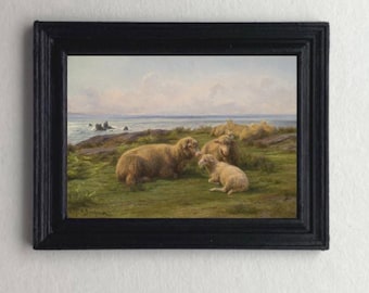 DOLLHOUSE Miniature Sheep Sea Landscape Print, Antique Style Art 1:12 scale FRAMED PRINT Tiny Colonial Vintage 1800's Formal seascape Repro