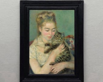 DOLLHOUSE Print Miniature Renoir Girl Cat 1875 Portrait Antique Style Art 1:12 scale FRAMED PRINT Child Tiny Reproduction Kitten young Lady