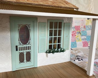 Finished DOLLHOUSE Wooden Completed Cream Dollhouse 1:12 scale with front porch! Small Cottage Core, Shabby Chic, Farmhouse, gift