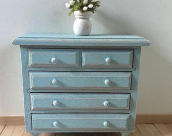 Dollhouse Size, Blue MINIATURE Dresser Chest of Drawers,  3 5/8" wide x 3 3/8"   x 1 5/8" Dollhouse 1:12 scale Cottage, Shabby, Farmhouse