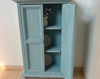 Dollhouse Size, Blue MINIATURE Cupboard Wardrobe,  6" wide x 3 3/4" x 1 1/2"  Pie Safe, Dollhouse 1:12 scale Cottage, Shabby, Farmhouse