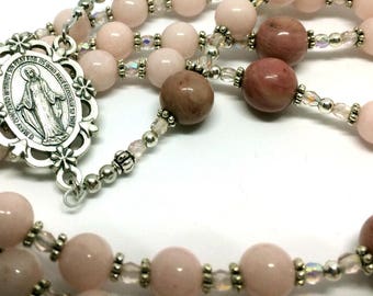 Pink Rosary Lovely Womans Handcrafted Pink Jade Womans Gemstone Rosary Gift Miraculous Medal Catholic Confirmation RCIA Mothers Day Birthday