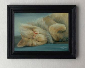 DOLLHOUSE Miniature Cat Portrait Print, Country Style Art 1:12 scale Sleeping Nap FRAMED PRINT Cottage, Realism Formal American Modern