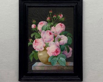 DOLLHOUSE Miniature Pink Roses Floral Print 1800's Antique Style Art 1:12 scale FRAMED PRINT Still Life Vintage Reproduction