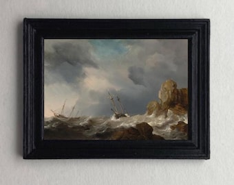 DOLLHOUSE Miniature early 1800's Print, Antique Style Sailing ship Art 1:12 scale FRAMED PRINT Ship Storm boat Landscape Reproduction