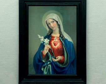 DOLLHOUSE Miniature Immaculate Heart Mary Antique Style Art 1:12 scale FRAMED PRINT Blessed Mother Catholic Print Tiny Reproduction Vintage