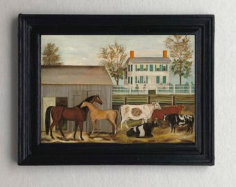 DOLLHOUSE Miniature Horses Cows Barn Landscape Print, Antique Style Art 1:12 scale FRAMED PRINT Tiny Colonial Vintage  1800's Reproduction