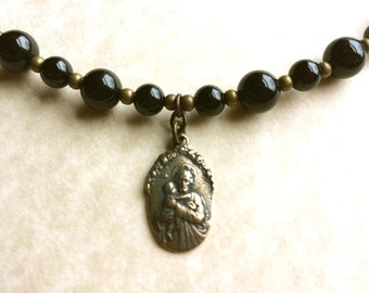 St JOSPEPH & GUARDIAN Angel  double sided Bronze Necklace CATHOLIC Necklace Catholic Gifts Black Onyx Gemstone Saint Catholic Jewelry Gifts