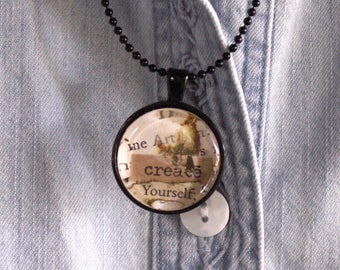 Glass Collage Necklace 1 inch Pendant Charm, BFF Gift,   Create theme with Black Setting and 24" Ball Chain, Artist Gift