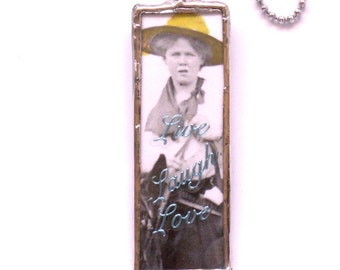 Original Slide Glass Soldered Cowgirl Necklace Collage Western Humor