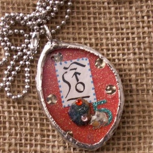 Eyeglass Lens Collage Art Pendant Necklace  Bliss Symbols Philosopher&#39;s Stone and Mustard Seed with Ball Chain