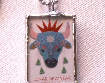 Year of the OX  2021 Soldered Postage Stamp Pendant with Japanese Floral Paper with Chain and Gift Bag