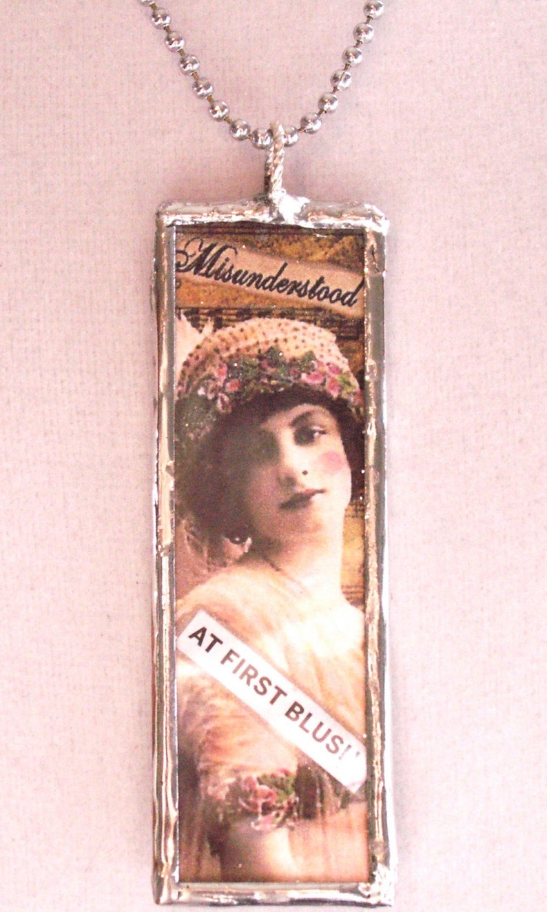 Glass Slide Necklace Collage Flirty Antique Lady Misunderstood image 3