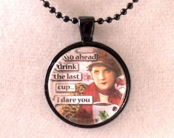 Glass Necklace Pendant  Necklace, Coffee Humor,  Black Chain, Glass Charm,  Coffee Theme BFF Gift Glass Charm with Gift Bag