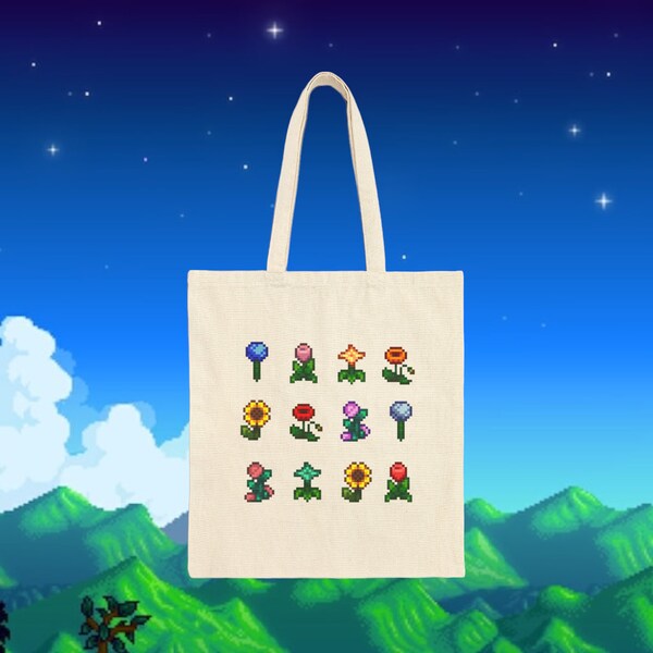 Stardew Valley Pixel Flowers Tote Bag, Stardew Valley Tote Bag, Stardew Bag, Cute Stardew Valley Gifts, Gift for Stardew Valley Lower