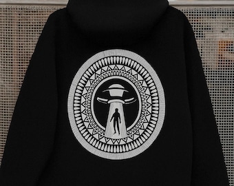 Sudadera con capucha estilo mandala de abducción OVNI, sudadera urbana cósmica, diseño alienígena de geometría sagrada, sudadera urbana psicodélica