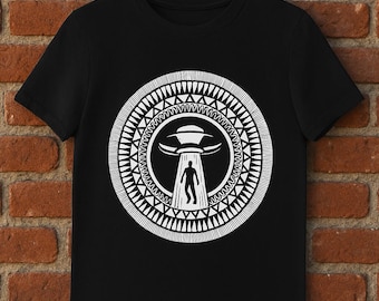 Camiseta com estampa de mandala alienígena, geometria sagrada, OVNI, camiseta para festivais.