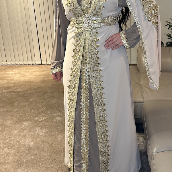 Moroccan Kaftan Takchita Arabian Dress finished with sparkling embellishments and gold belt