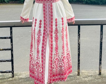 Palestinian Thobe  Satin White, Red and Pink Embroidery Tatreez Finished With Stones and Belt