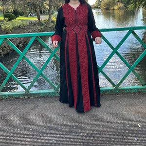 Palestinian Abaaya Dress Thobe Traditonal Red and Black Tatreez Embroidery