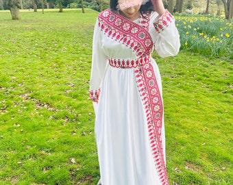 Beautiful Arabian Palestinian dress white and red satin embroidery tatreez design with belt.