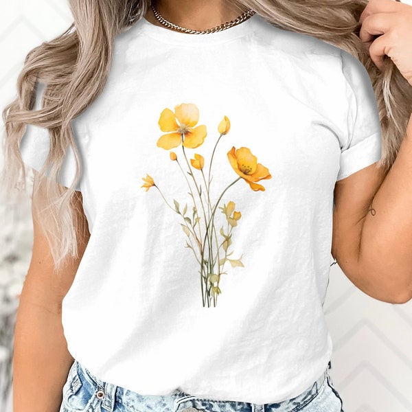 Yellow Poppy Flower Graphic T-Shirt, Botanical Print Tee, Floral Nature Inspired Casual Wear