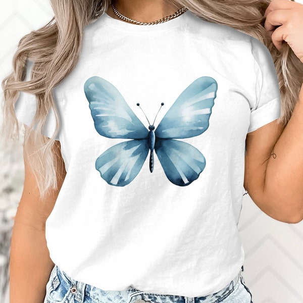 Blue Watercolor Butterfly Print T-Shirt, Soft Feminine Style, Casual Wear for Nature Lovers