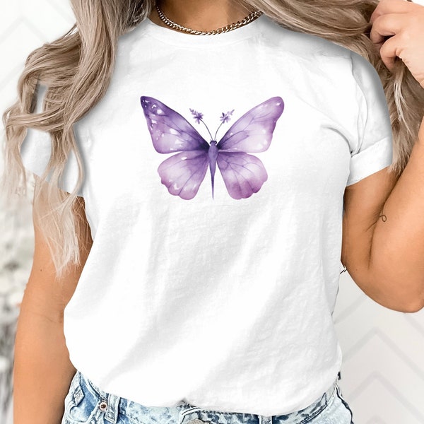 Purple Butterfly Graphic Tee, Watercolor Butterfly T-Shirt, Women's Fashion Top, Nature-Inspired Casual Wear