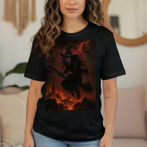 Witch T-Shirt, Flying Witch Shirt, Scary Halloween Witch, Dark Witch Tee, Halloween Costume T-Shirt, Witchcraft T-Shirt, Red Eyes