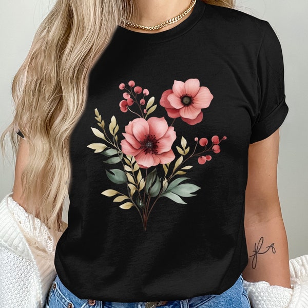 Floral T-Shirt, Elegant Watercolor Flowers and Berries Design, Soft Pastel Colors, Womens Fashion Top