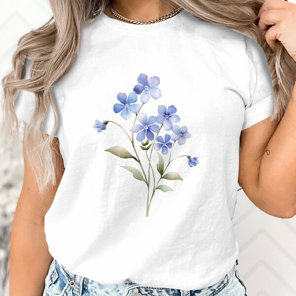 Floral T-Shirt Watercolor Blue Forget-Me-Nots Blossom Tee for Women Spring Fashion Casual Wear